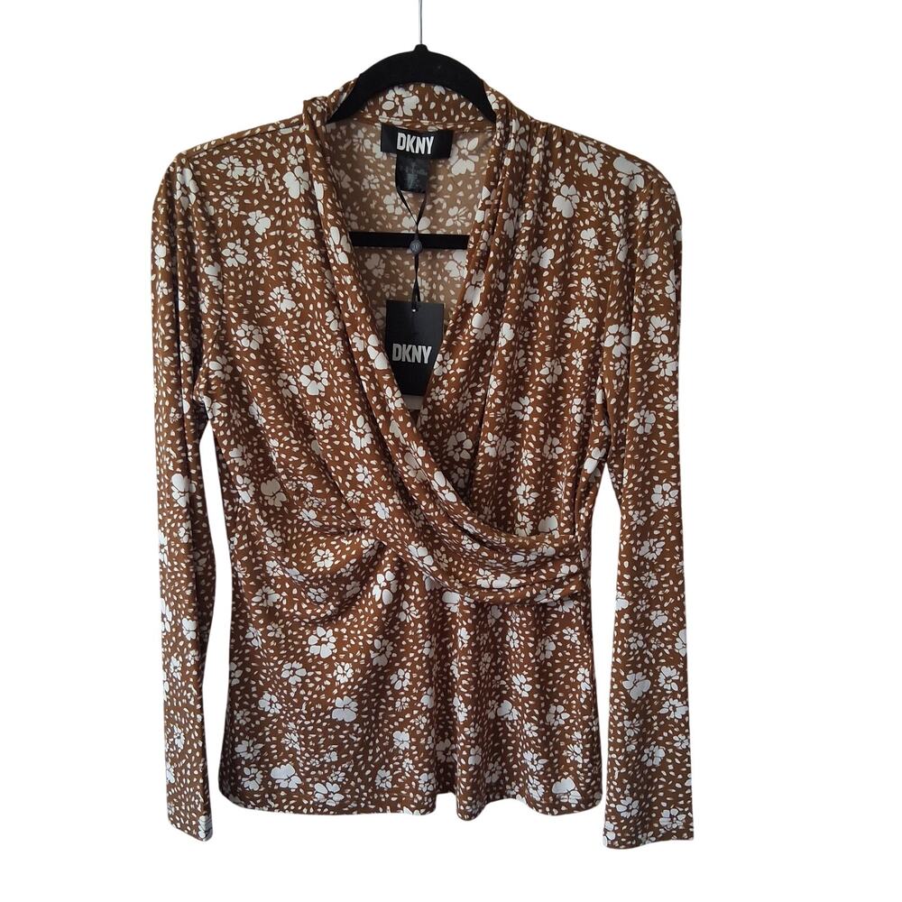 NWT DKNY Women Long Sleeve Brown and White Floral V-Neck Wrap Front Blouse-M